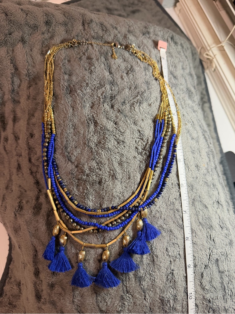 Stella & Dot Gold-Tone Multi-Strand Necklace with Royal Blue Tassels
